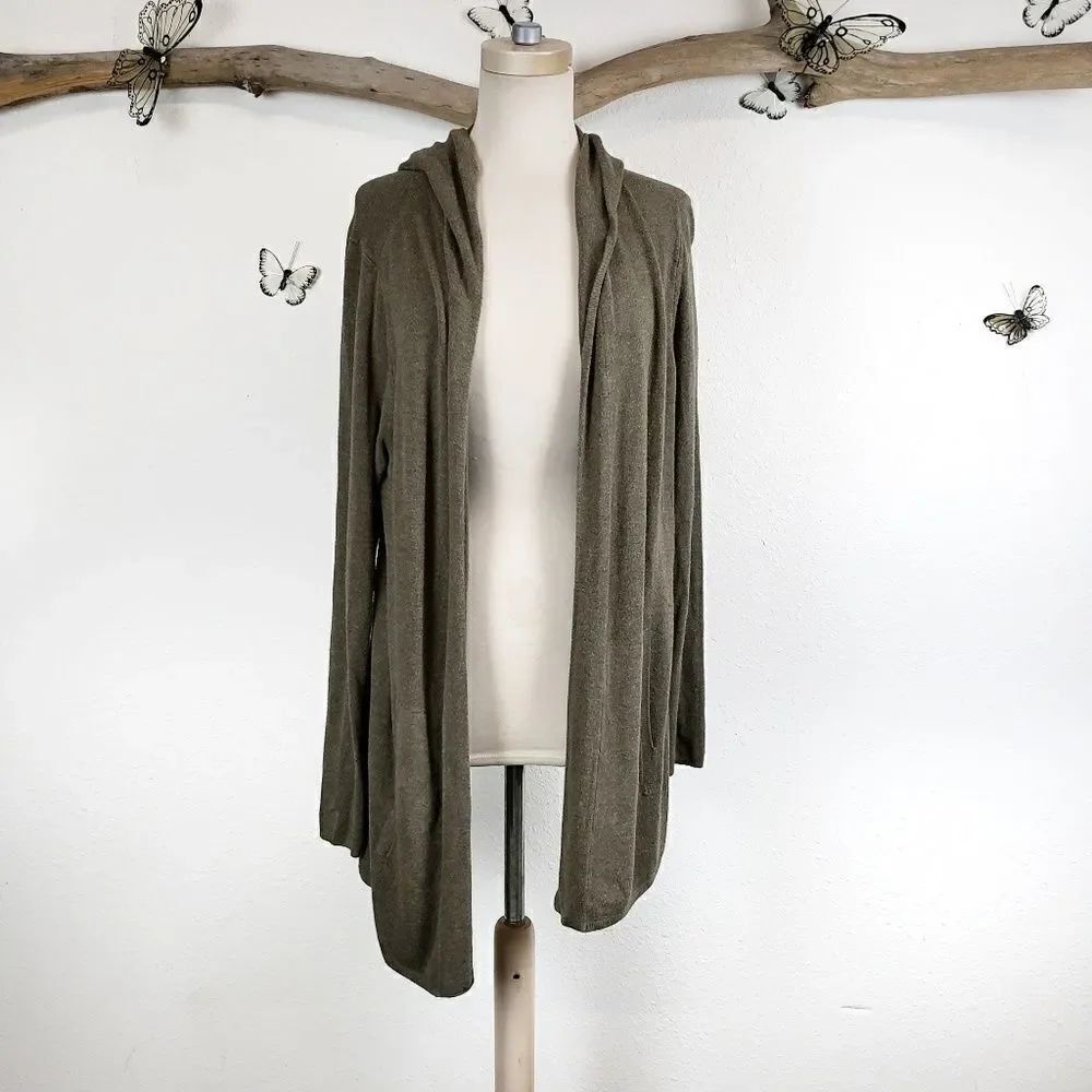 Eileen Fisher green open front hooded cardigan